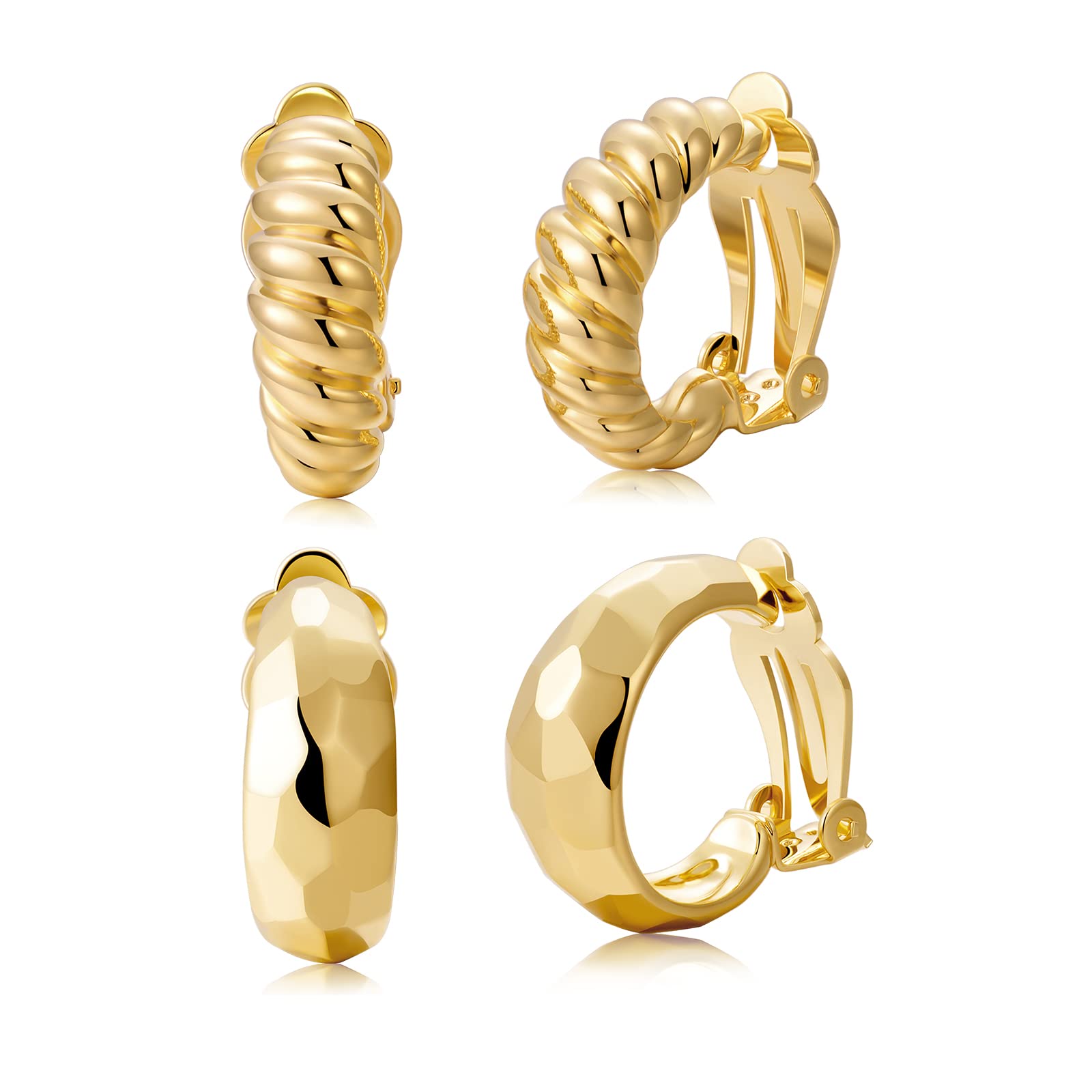 Clip on Earrings Women, 14K Gold Hoop Clip-On Earrings for Women, Hypoallergenic Non Pierced Croissant Earrings