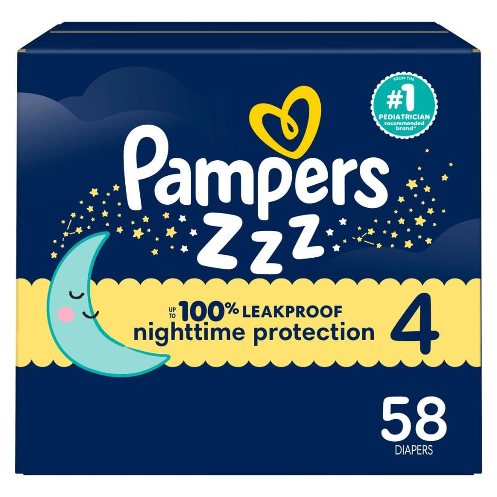 Pampers ZZZ Overnight Diapers, Size 4 (15-34 lbs), 58 Count, Nighttime Protection Disposable Baby Diaper