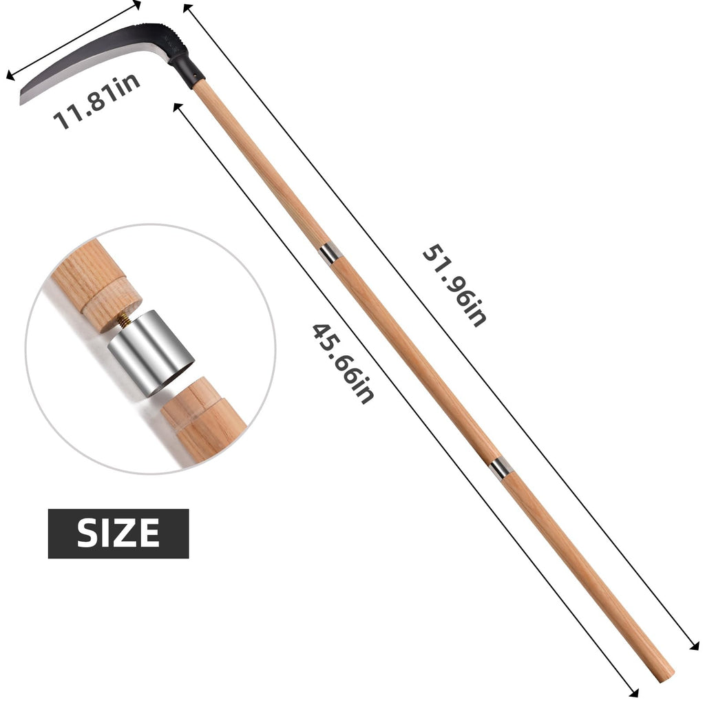 EcoDigiLife Solid Wood Long Handle Weeding Sickle, 30cm Extended Blade for Efficient Weed & Brush Clearing, 3-Section Adjustable Length, Heavy Duty Gardening Tool for Yard, Garden, Field and Ditch