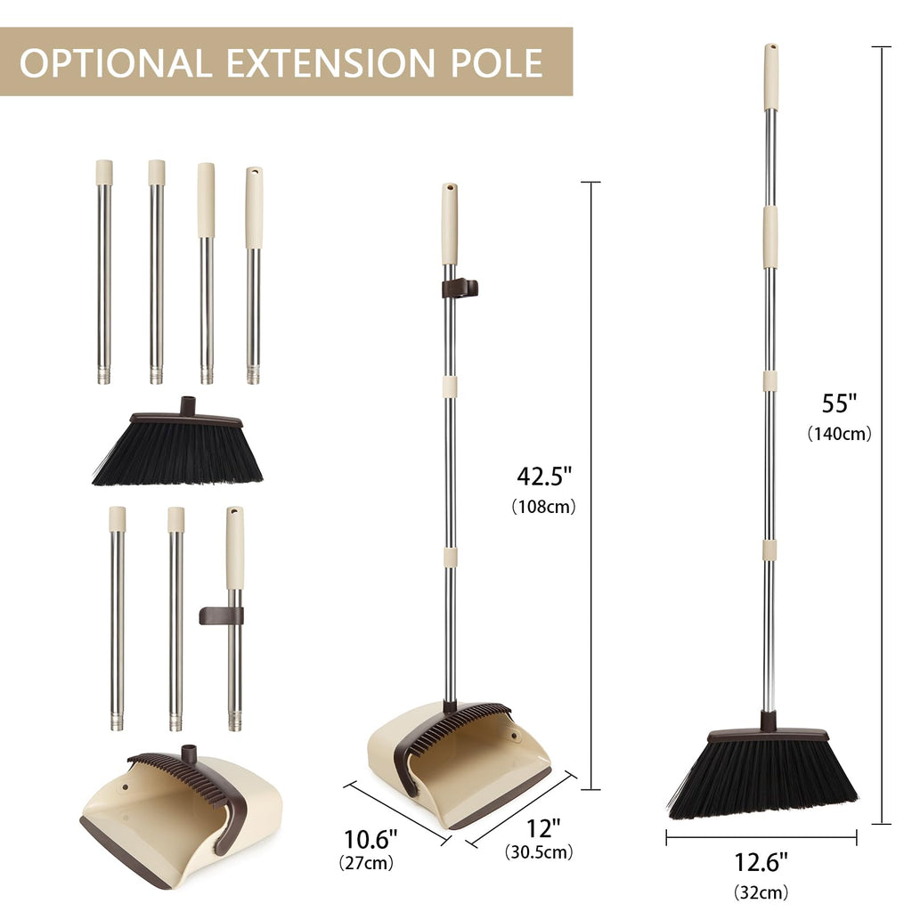 XXFLOWER Broom and Dustpan Set, Dustpans with Broom Combo for Home, Heavy Dust Broom and Dustpan Combo, Long Handle Dust Pan and Broom Set for Kitchen, Office, Pet Hair,Beige, Pack of 1