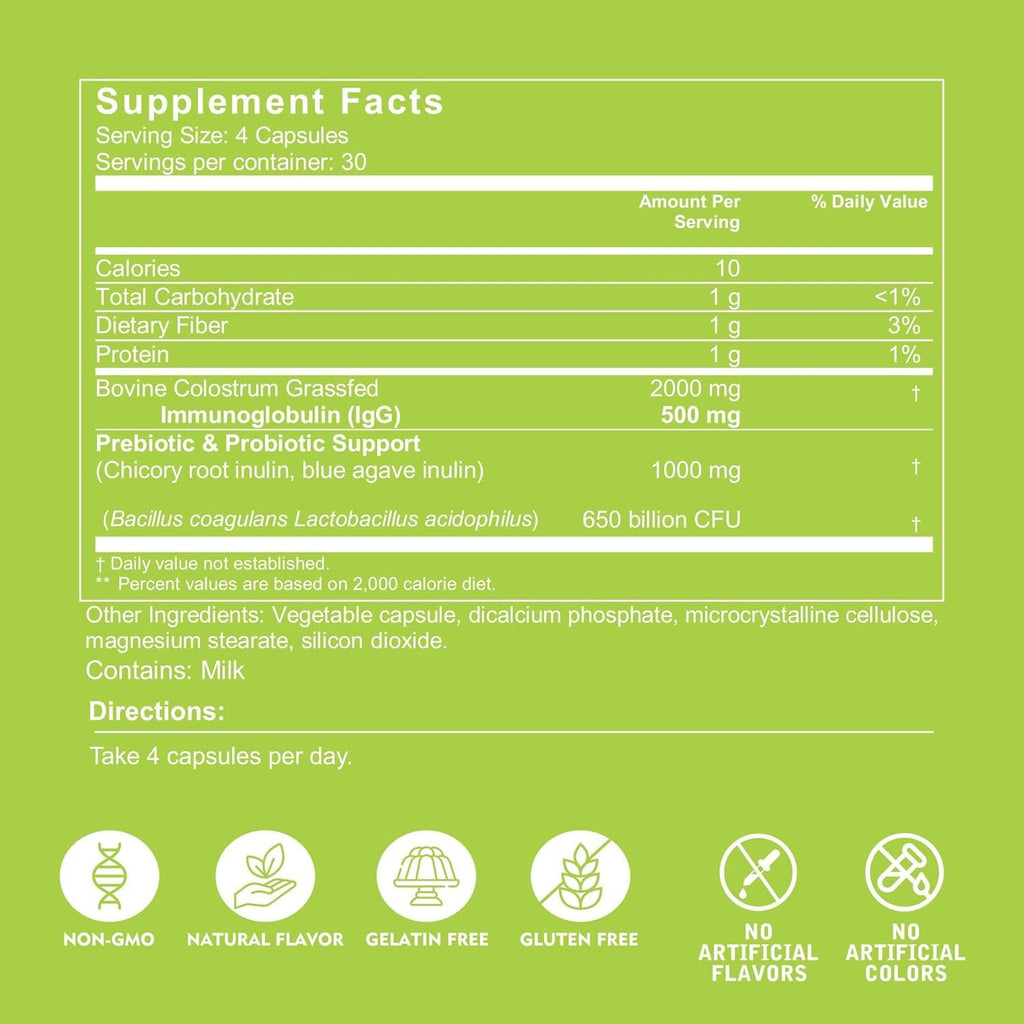 VITINITY Grass Fed Bovine Colostrum Capsules for Humans - Natural IgG Colostrum Supplement for Gut Health, Immune Support, Muscle Recovery & Wellness | Pure Colostrum Superfood, Unflavored (120 Count)