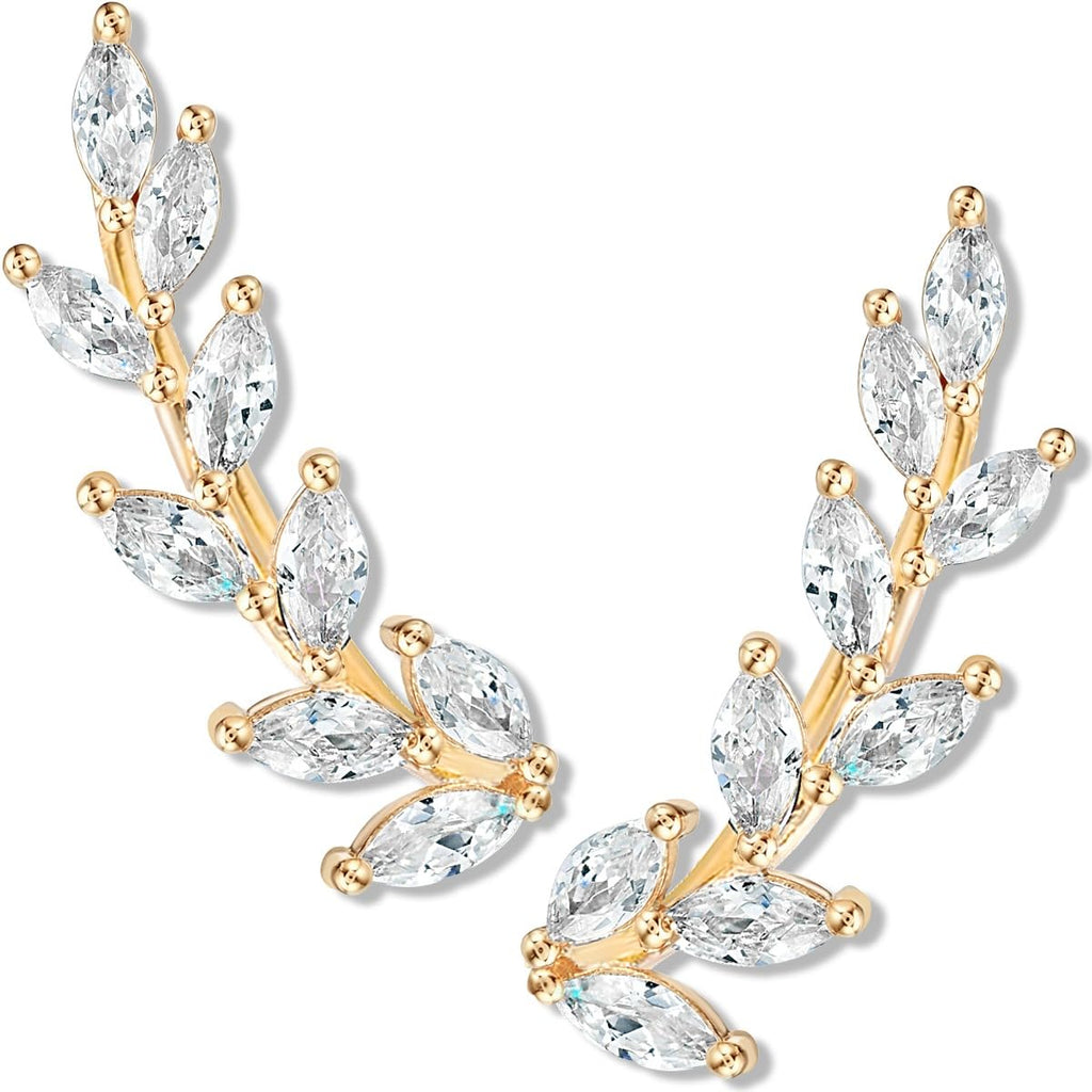 CZ Ear Climber Earrings for Women, 14K Gold Plated Dainty Leaf Crawler Cuff