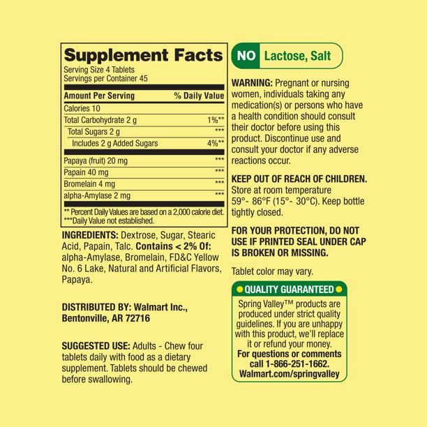 Spring Valley Spring - Valley Papaya Enzyme Complex Tablets - 180 Chewable Tablets Pack of 2 180 Count (Pack of 2)