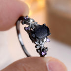 Blue Sandstone Gothic Leaf Ring for Women – 18K Black Gold Plated Vine Promise Statement Ring, Engagement Wedding Band Jewelry Gifts (7)