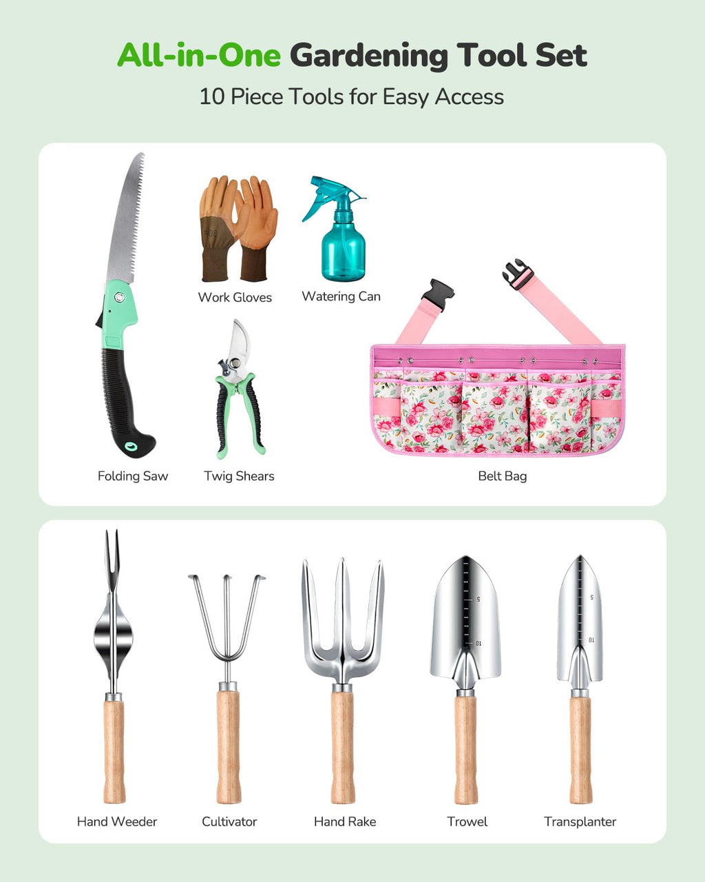 Grenebo Gardening Tools 10-Piece Garden Tool Set, Rust Resistant, Pink