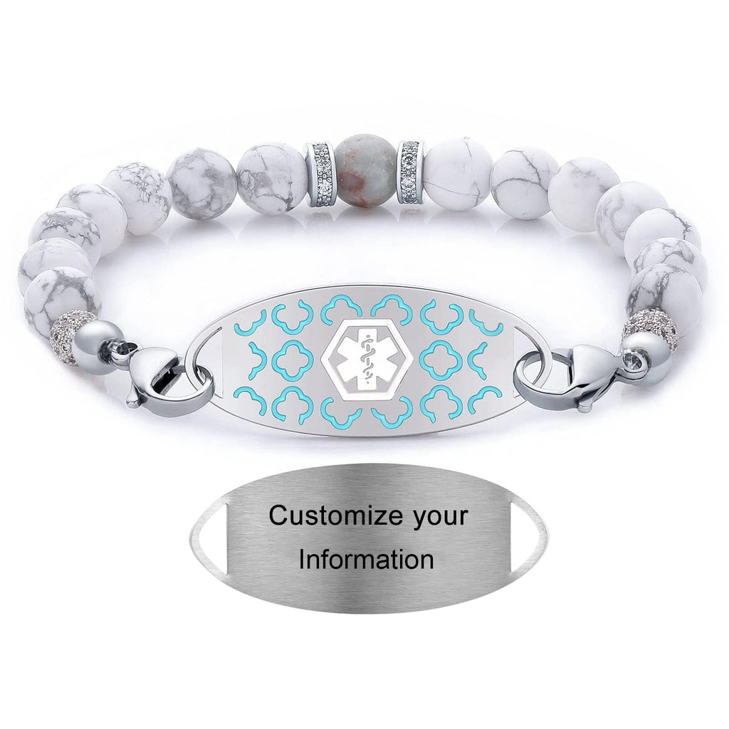 JFJEWER Medical Alert Bracelets for Women Free Engraving, Personalized Customizable ID Bracelet, White Turquoise Beaded Emergency Bracelets - Style 6