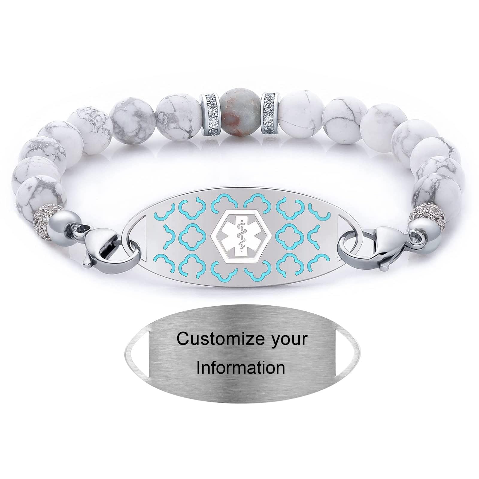 JFJEWER Medical Alert Bracelets for Women Free Engraving, Personalized Customizable ID Bracelet, White Turquoise Beaded Emergency Bracelets - Style 6