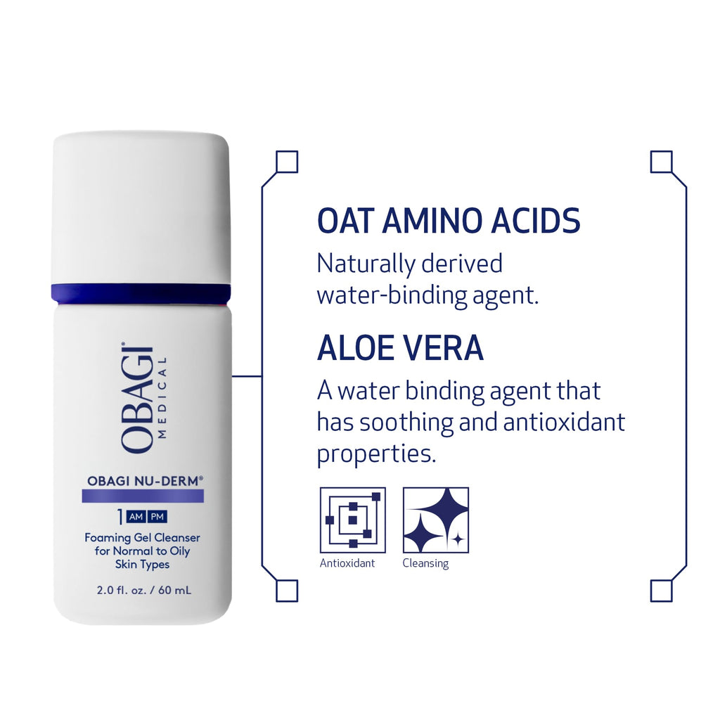 Obagi Nu-Derm Foaming Gel Cleanser Value Set – Cleanses Pores & Remove Makeup, Dirt, & Excess Oil – Classic 6.7 oz & 2 oz Travel Size
