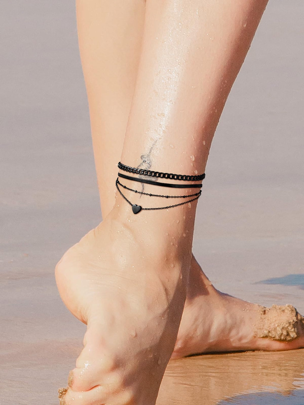 FindChic Cuban Link Anklets for Women Black Ankle Bracelets Waterproof Herringbone Chain Layered Foot Jewelry