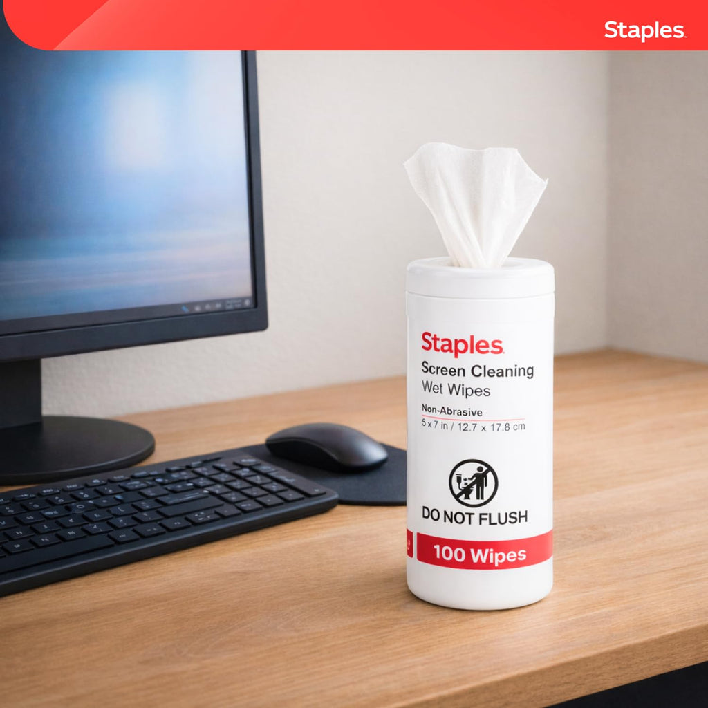 Staples Screen Cleaning Wipes – 100 per Tub, Safe for Monitors, Laptops & Electronics, 2‑Pack