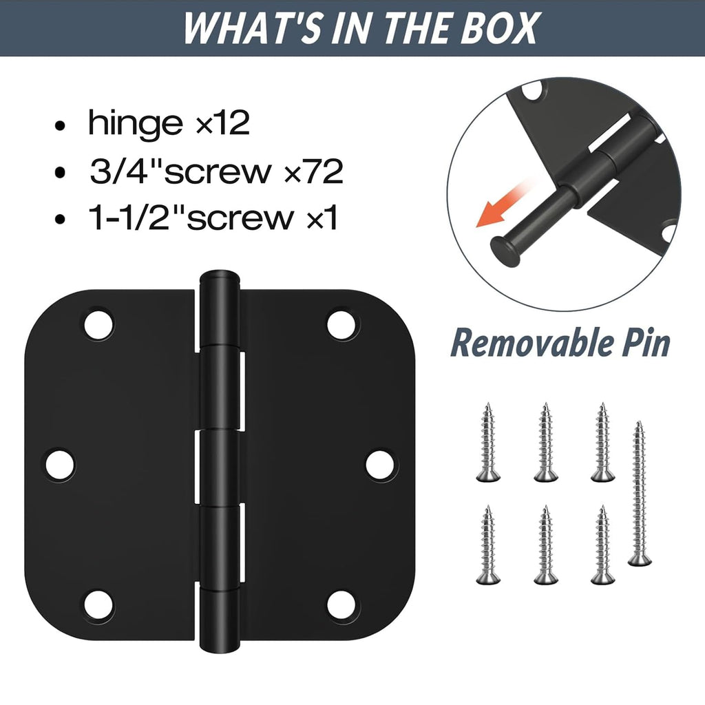 HOSOM 12 Pack Rounded Matte Black Door Hinges 3.5 x 3.5 inch with 5/8 Radius, Black 3 1/2 Interior Door Hinges, 3 ½"x 3 ½" Hardware