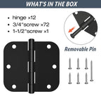 HOSOM 12 Pack Rounded Matte Black Door Hinges 3.5 x 3.5 inch with 5/8 Radius, Black 3 1/2 Interior Door Hinges, 3 ½"x 3 ½" Hardware