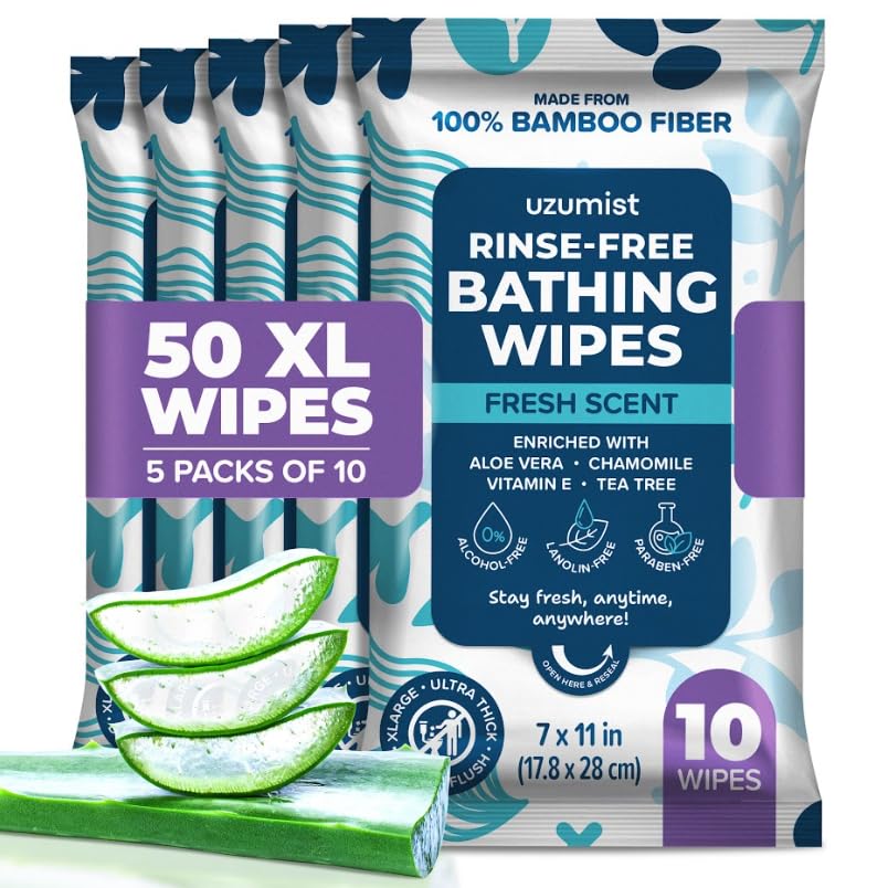Body Wipes for Adults Bathing No Rinse 50pc XL - Ultra Thick Shower Travel Wipes for Personal Cleansing & Hygiene Essentials, Elderly Care, Incontinence Disposable Washcloths for Women Men