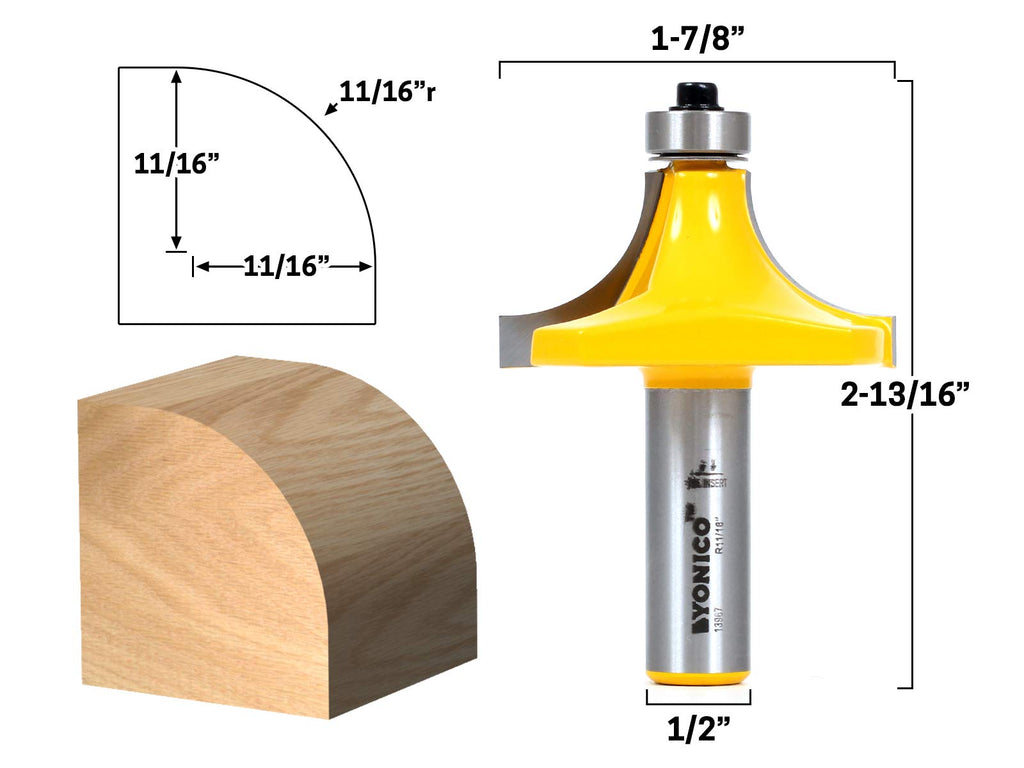YONICO 13967 11/16-Inch Radius Round Over Edge Forming Router Bit 1/2-Inch Shank