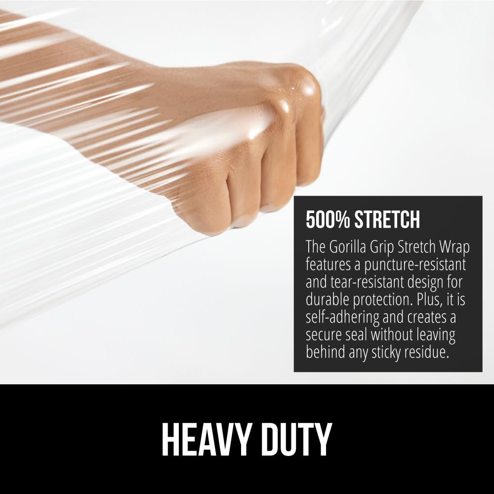 GORILLA GRIP 500% Stretch Film Heavy Duty Plastic, 1200ft Shrink Wrap Roll 17" Puncture Resistant, Industrial Strength for Shipping, Pallet Storing, Moving, Packing Furniture Protection 1 Pack Clear