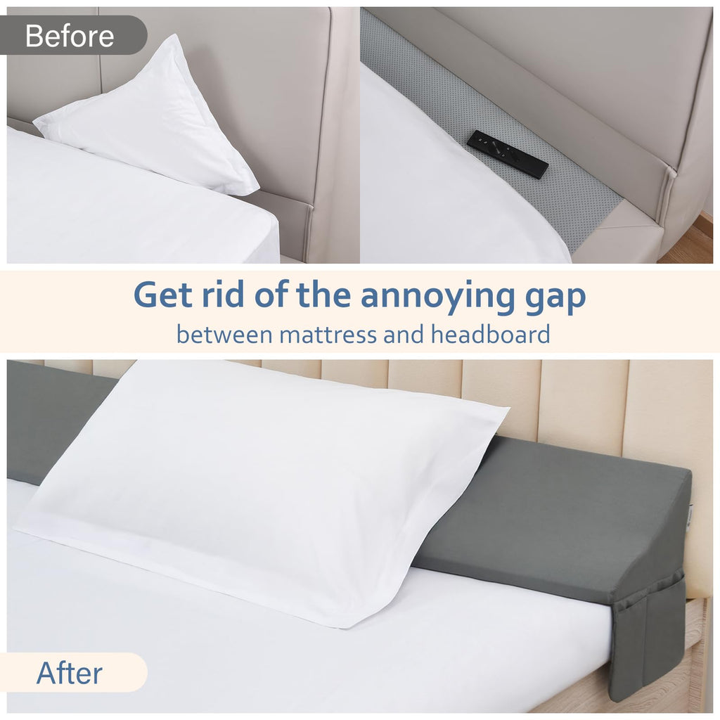 Vekkia Queen Bed Wedge Pillow for Headboard Gap – 0–6" Bed Gap Filler with Firm Foam Support & Extra-Large Pockets – Prevents Lost Pillows, Phones & Small Items(Gray)