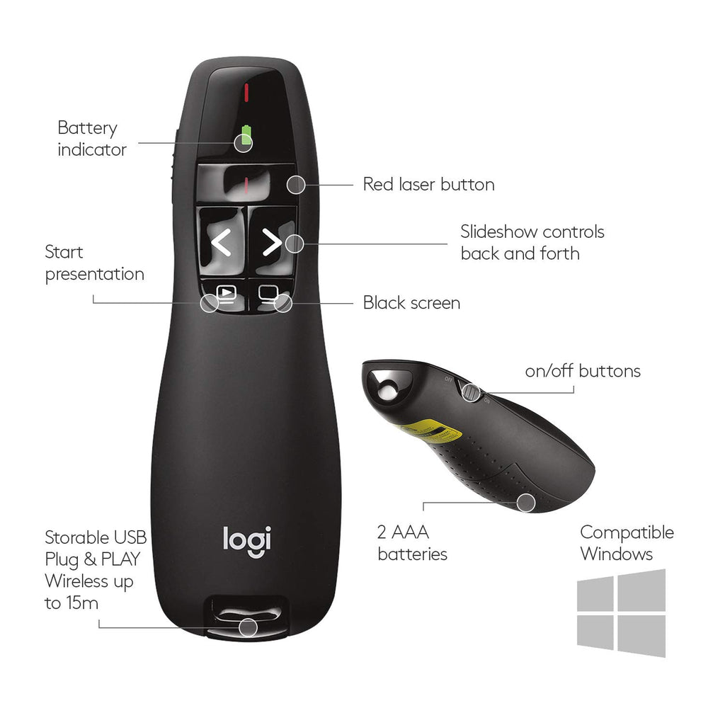 Logitech Wireless Presenter R400 USB A PowerPoint Clicker with Laser