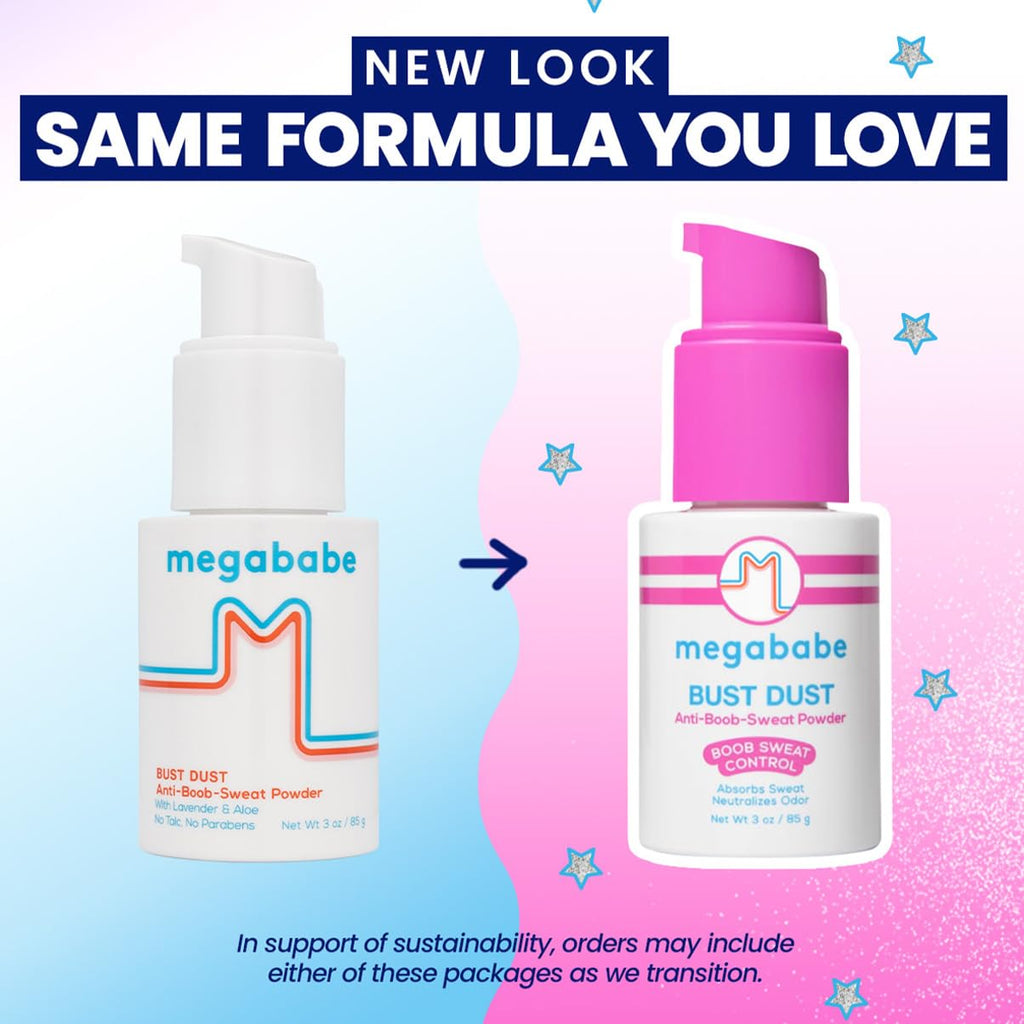 Megababe Sweat Absorbing Body Powder - Bust Dust, with Applicator Pump, Summer and Hot Weather Must-Have, Talc-Free, All Natural, 3 oz