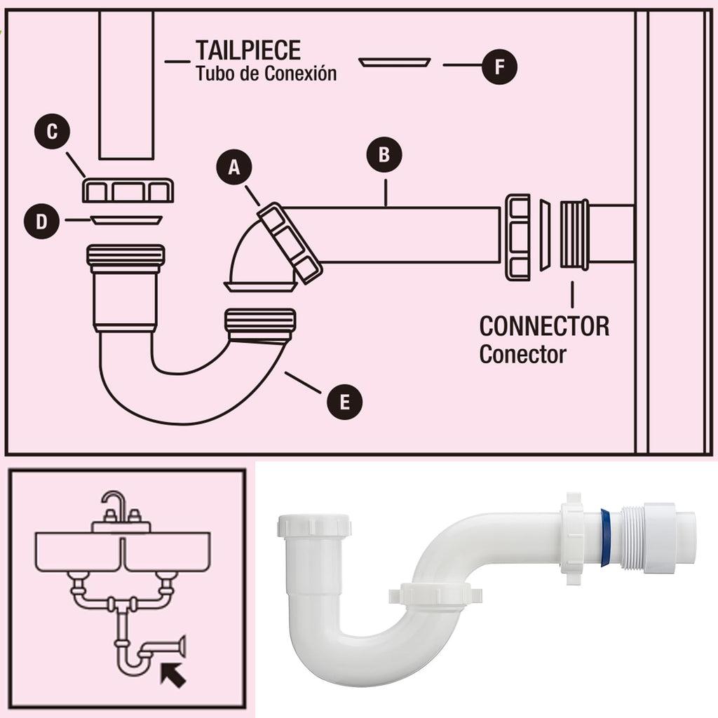 (1 Pack) Yariwiz White P Trap 1 1/2 Inch for Bathroom Kitchen Sink Drain Pipe Tubular Kit with White Threaded Adapter and Blue TPE Washer KSD-001W
