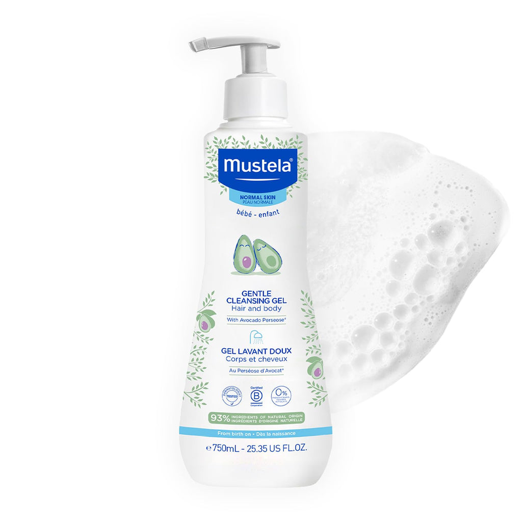 Mustela Gentle Cleansing Gel - Baby Wash for Delicate Skin and Hair - Newborn-Safe Cleanser - Crafted with Natural Avocado Perseose - Various Sizes - 25.35 fl. oz.