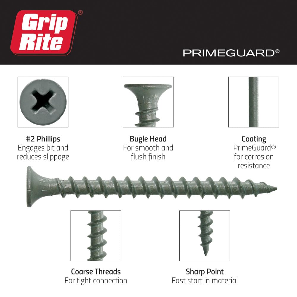 Grip-Rite Exterior Screws - Safe for Use in Treated Lumber - #2 Phillips Bugle Head - Coarse Thread Deck Screws - PrimeGuard Coating - 1lb Box - #9 x 3 - Gray - PTN3S1
