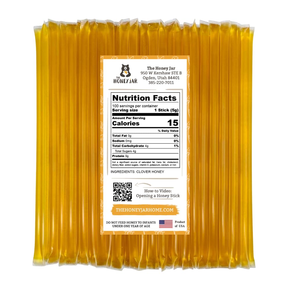 The Honey Jar Plain Honey Sticks - Pure Honey Straws For Tea, Coffee, or a Healthy Treat - One Teaspoon of Flavored Honey Per Stick - Made In The USA with Real Honey - (100 Count)