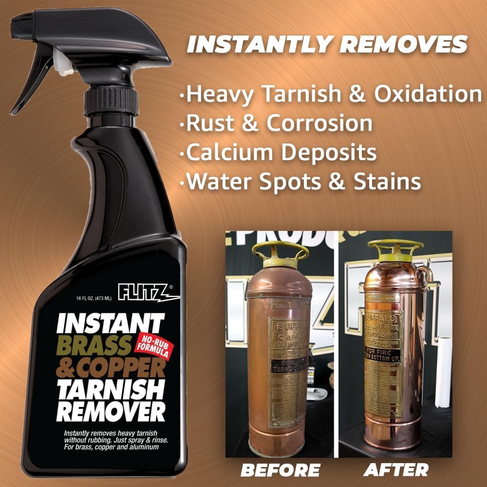 Flitz Instant Brass and Copper Tarnish Remover - 16oz Bottle of USA-Made Organic Rust Remover Spray (No-Rub) - Removes Stains & Oxidation from Glass & Aluminum - Brass Cleaners That Work (1 Pack)