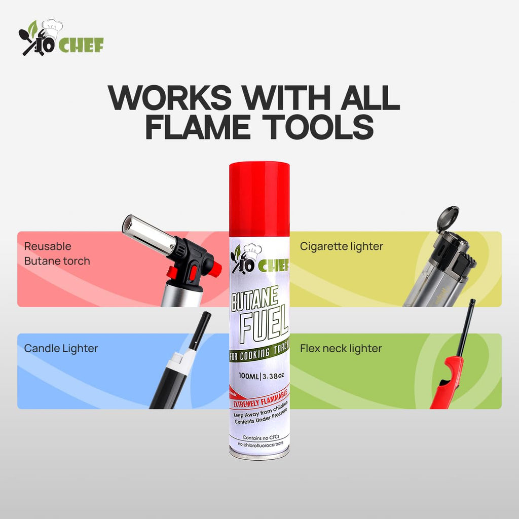 Jo Chef Butane Refill, Butane Torch Fuel Refill, Gas Lighter Fluid Refill Canister, Kitchen Blow Torch Fluid – Universal Tip – 2 Cans (3.38oz)