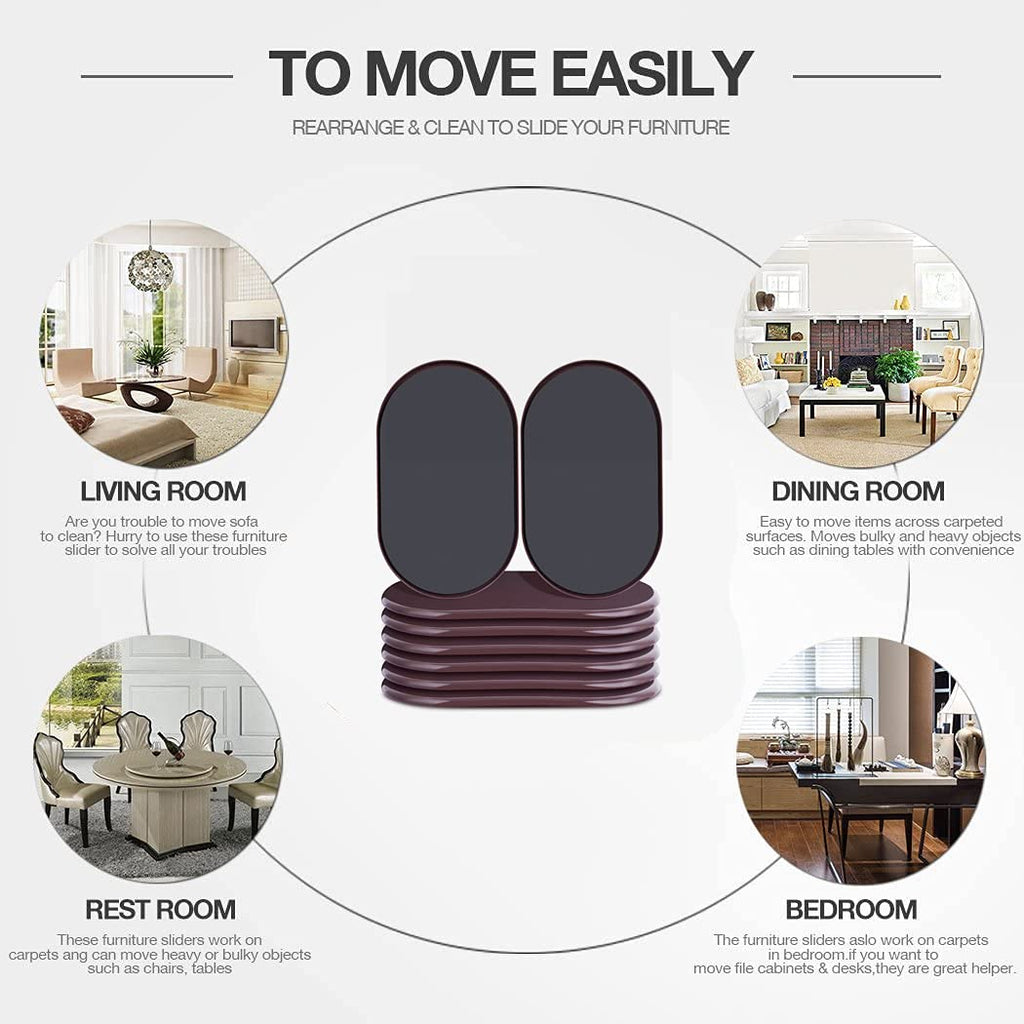 Reusable Large Furniture Sliders for Carpet, Furniture Movers Sliders, Carpet Movers Oval Heavy Duty Sofa Bed Table Desk Movers for Carpet –Quickly and Easily Move Any Item, Brown (8 Pack)