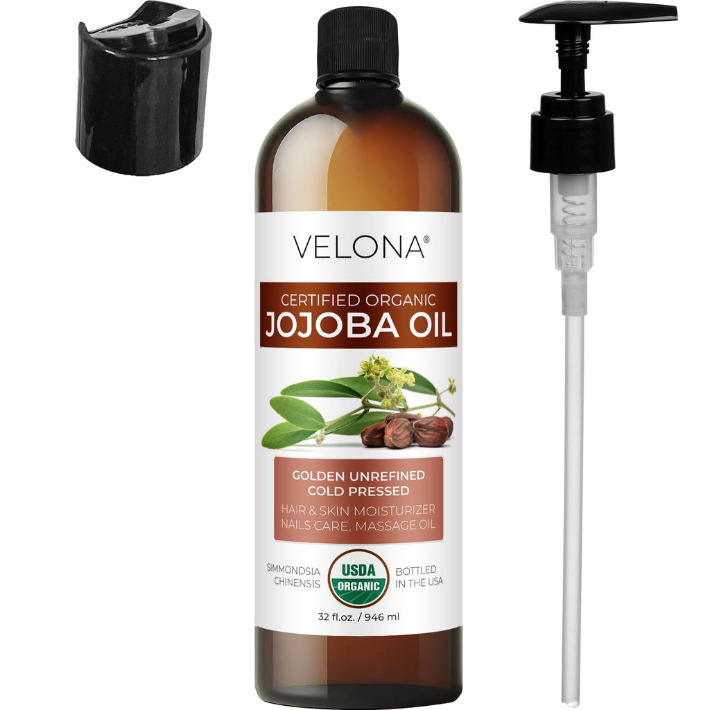 velona Jojoba Oil USDA Certified Organic - 32 fl oz (With Pump) | 100% Pure and Natural | Golden, Unrefined, Cold Pressed, Hexane Free | Moisturizing Face, Hair, Body, Skin Care