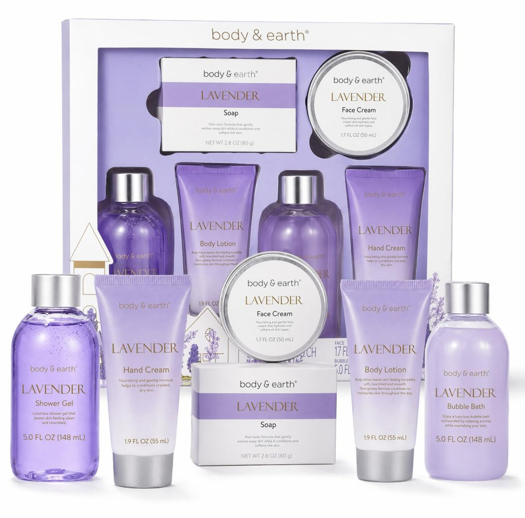 BODY & EARTH Bath and Body Gift Box for Women- 6 Pcs Lavender Bath Kit for Women Spa Set, Birthday, Christmas Gift Set Includes Body Lotion, Bubble Bath, Shower Gel
