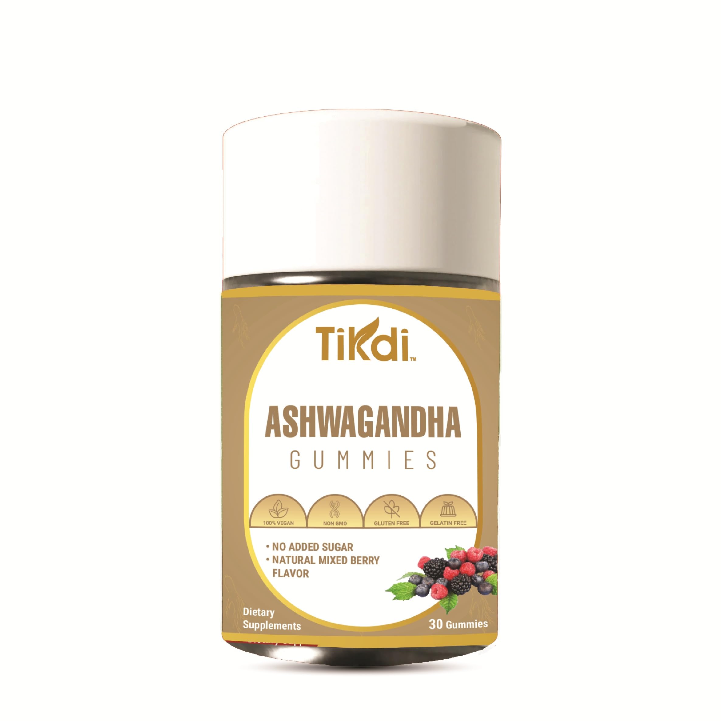 TIKDI Ashwagandha Gummy - 30 Count - Mixed Berry, KSM-66, Vegan, Plant Based, Non-GMO, Gluten-Free, Gelatin Free, No Added Sugar