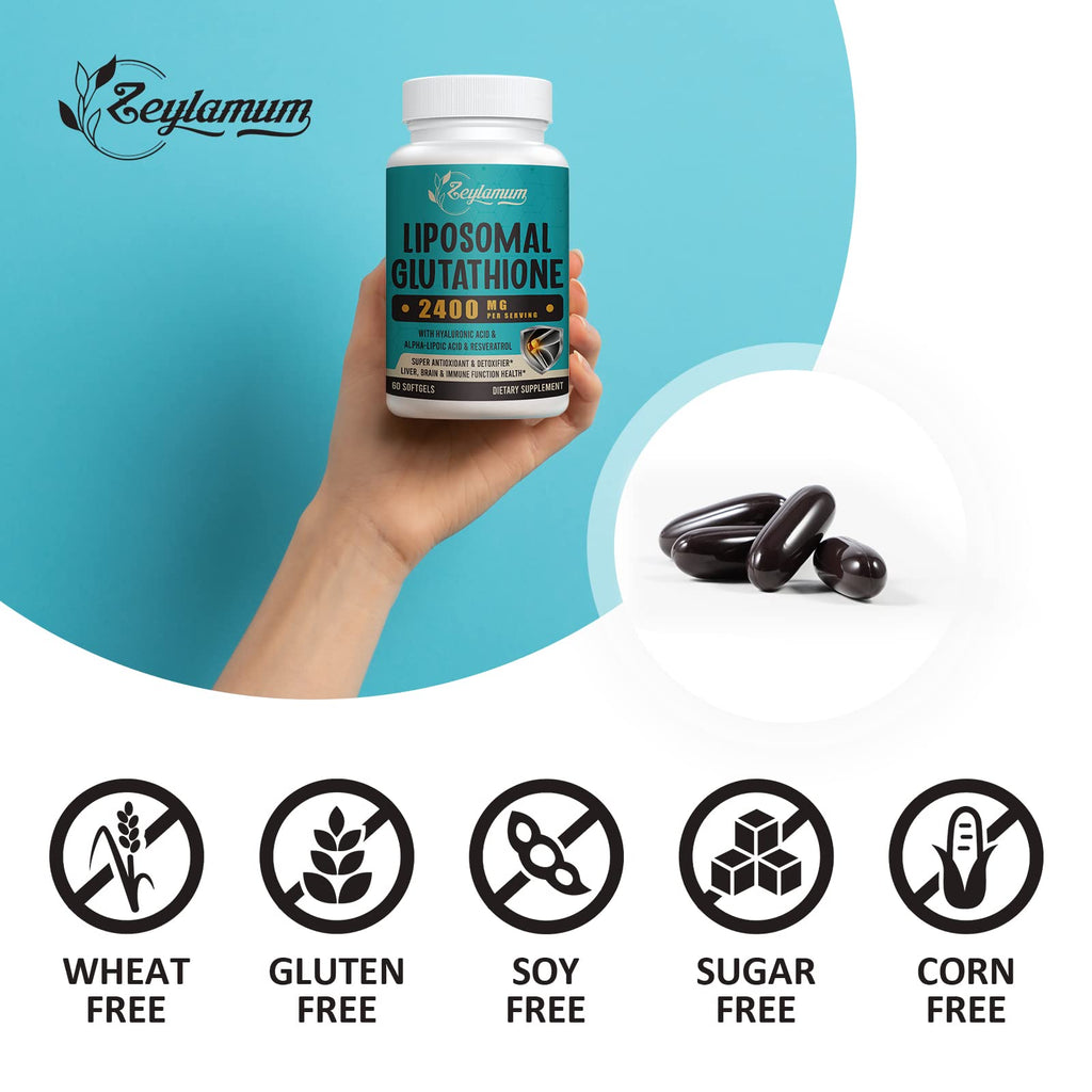 2400 MG Liposomal Glutathione Softgels, Max Absorption, Active Form L-Glutathione Reduced (GSH), with Hyaluronic Acid, Resveratrol, Master Antioxidants for Detox, Brain, Immune System, 180 Softgels