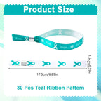 WANDIC 30 Pcs Teal Ribbon Bracelets, 5 Style Polyester Single Side Adjustable Cervical Cancer Awareness Support Wristband for Event Fundraising, 6.89 * 0.59 * 0.07, no Gemstone