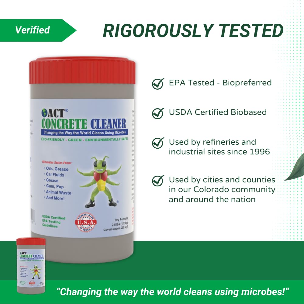 ACT Concrete Cleaner – Eco-Friendly Dry Powder Oil Stain Remover for Driveways, Sidewalks, Garages & Commercial Use | HOA Approved | Bioremediation Formula | Safe around Pets | 2.5lb