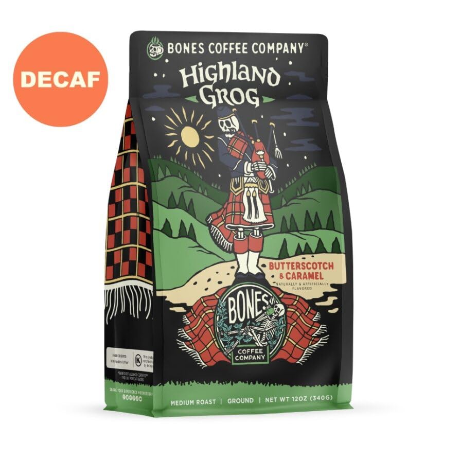 Bones Coffee Company Decaf Highland Grog Flavored Coffee Beans, Medium Roast Ground Coffee Low Acid Decaffeinated, Butterscotch Caramel Flavor (12 oz)