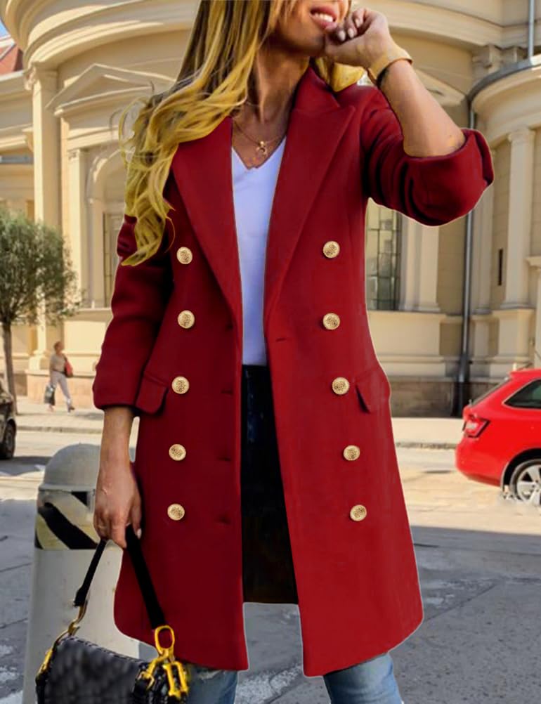 IDEALSANXUN Christmas Outfits for Women Fall Fashion Winter Clothes Wool Coats Trench Coat Peacoat, Maple Red, M