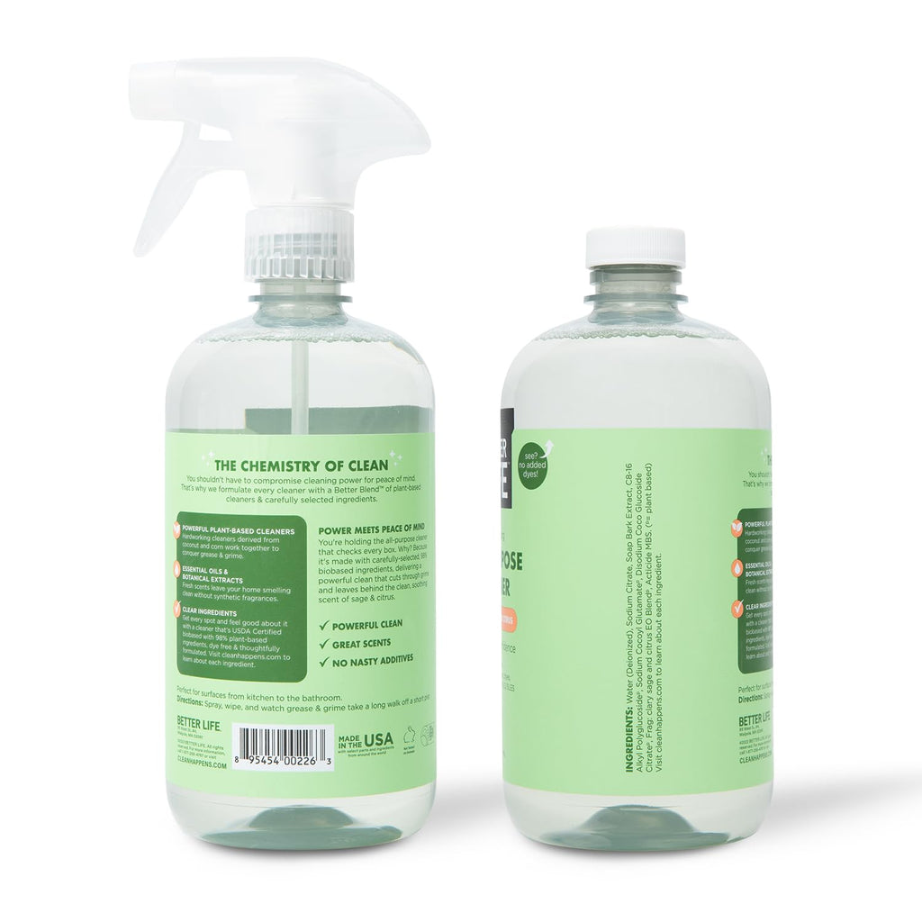 Better Life All Purpose Cleaner - Multipurpose Home and Kitchen Cleaning Spray for Glass, Countertops, Appliances, Upholstery & More - Multi-surface Spray Cleaner - 24oz (Pack of 2) Clary Sage/Citrus