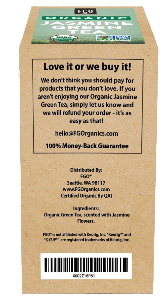 Organic Jasmine Tea K-Cup Pods, 24 Pods by FGO - Keurig Compatible - Naturally Occurring Caffeine, Premium Jasmine Green Tea is USDA Organic, Non-GMO, & Recyclable