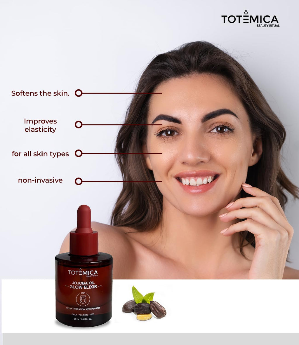 TOTEMICA Organic Jojoba Oil Glow Elixir – Hydrating & Anti-Aging face oil with Peptides | Vegan & Non-Comedogenic facial oil & moisturizing body oil for skin oil & hair oil (1.01 Fl Oz)