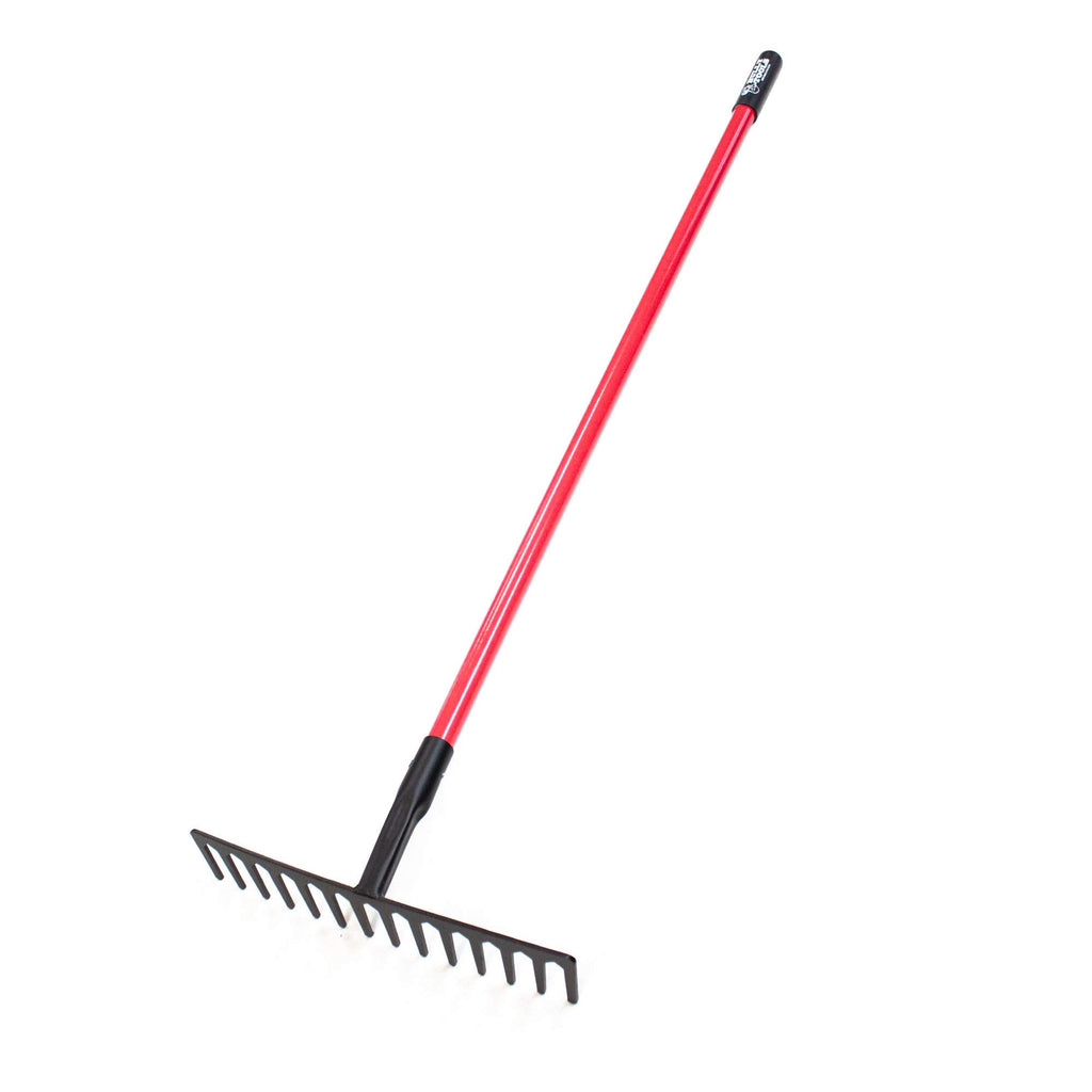 Bully Tools 14-Tine Level Head Rake | 60" Fiberglass Long Handle 16" Wide Head Garden Rake Heavy Duty Metal Tool for Soil Leveling, Spreading Mulch Gravel and Thatch | 100% Made in USA