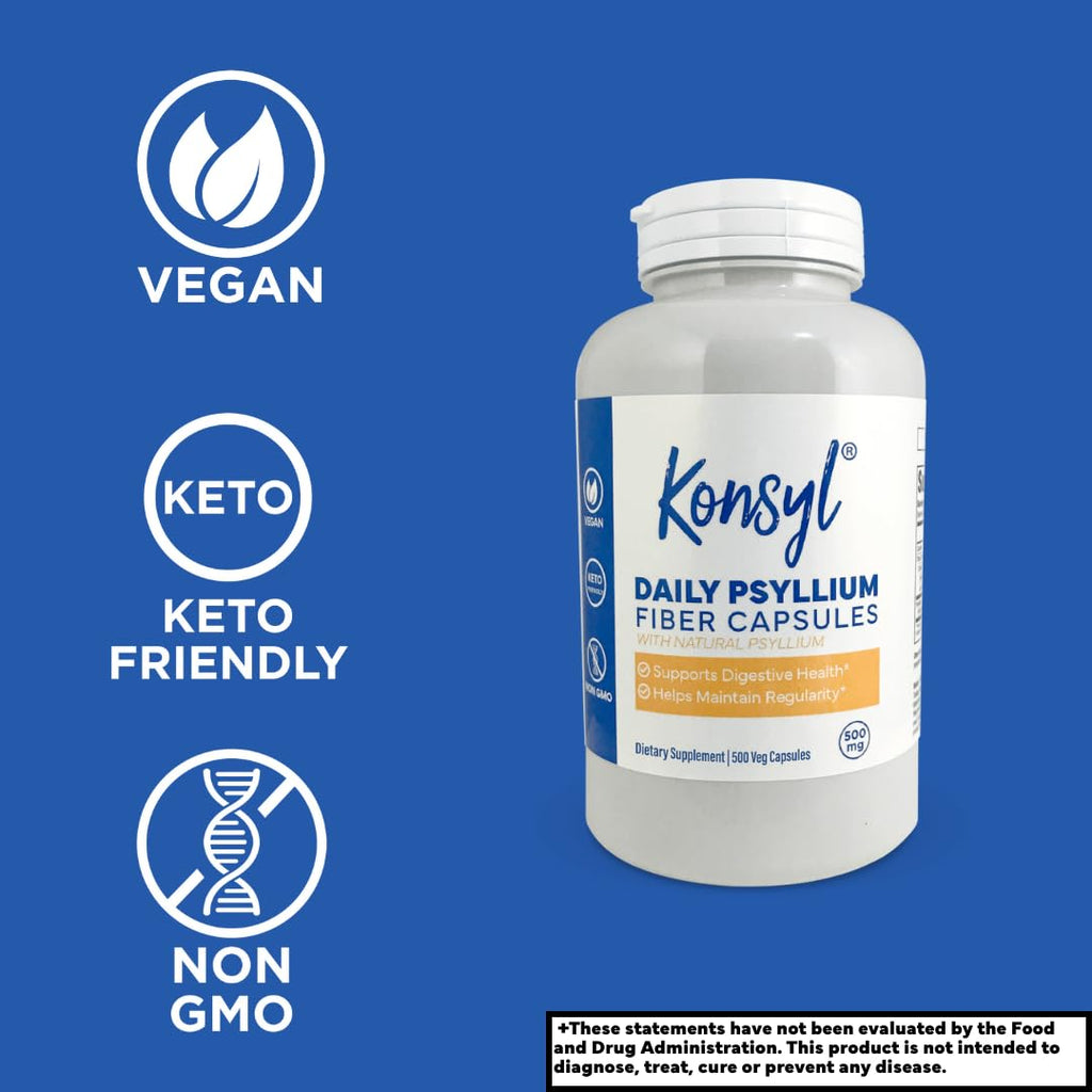 Konsyl Daily Psyllium Fiber Capsules - Contains 1500mg of All-Natural Psyllium Husk Powder per Serving - Supports Digestive Health and Weight Management Goals+ (500 Count (Pack of 1), Unflavored)