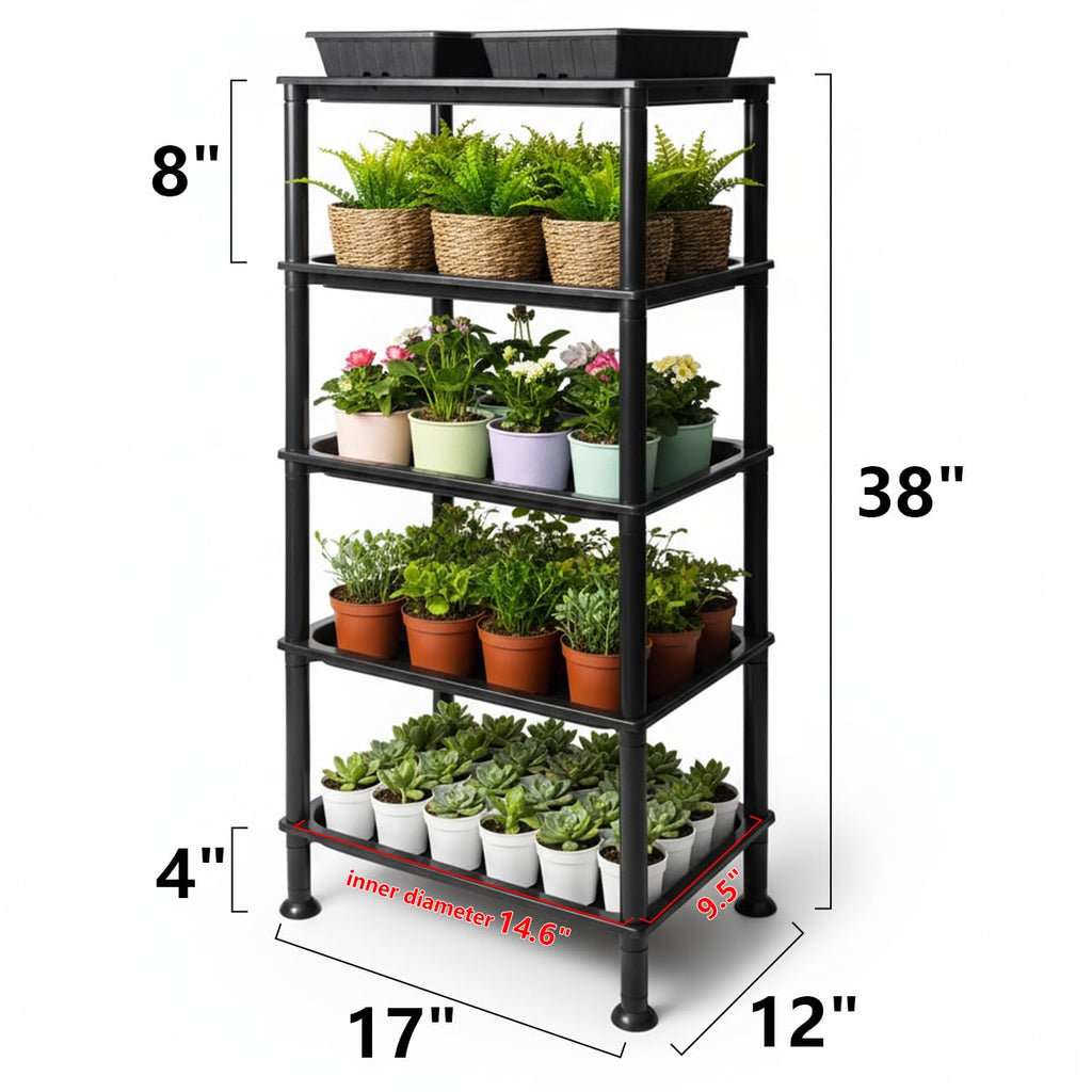 RooTrimmer 5-Tier Seed Starter Trays, Plant Stand, with Bottom-Watering Design– Reinforced Thickened Shelf for Small Pots, Balcony/Indoor Seed Starting & Greenhouse, Black