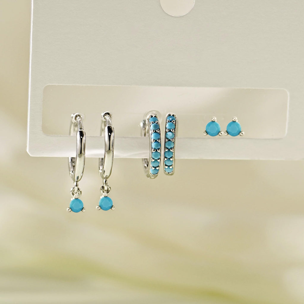 NOKMIT 3 Pairs Mini Hoop Earrings Set for Women Turquoise Huggie Hoop Cute Small Sterling Silver Cartilage Earring Ear Cuff for Multiple Piercing (Turquoise, B)