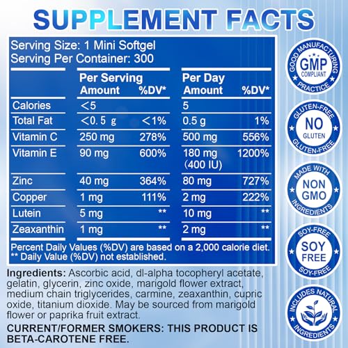 AREDS 2 Eye Vitamin & Mineral Supplement — Lutein and Zeaxanthin Supplement, Vitamin C & E, Zinc & Copper for Blue Light Protection, Eye Health Support, Eyebright , Eye Doctor Trusted — 300 Softgels