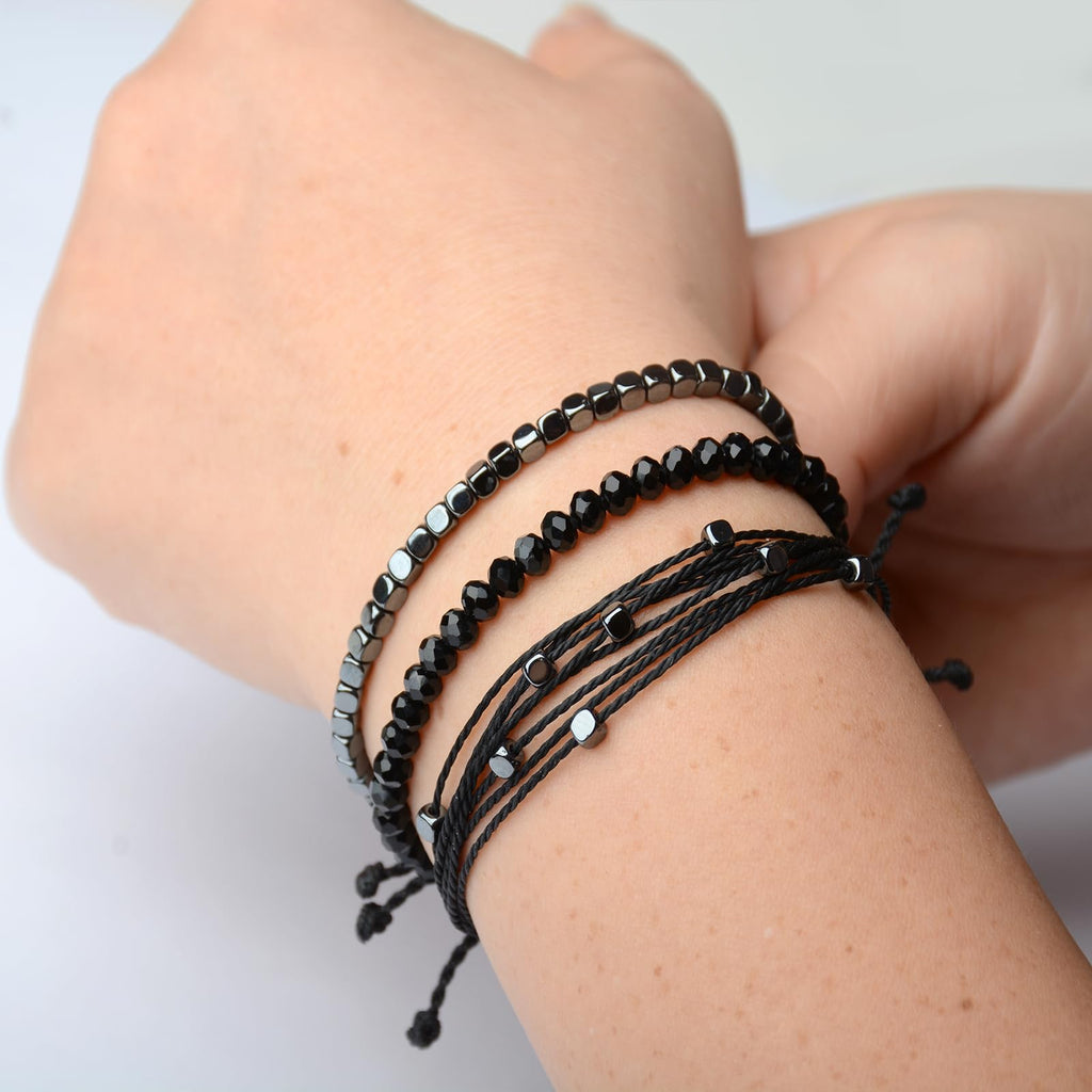 Mezcla Vida 3 Pcs Handmade Women's Stackable Bracelet Set, Adjustable Rope Bracelets Bracelets with Hematite and Glass Beads (black)