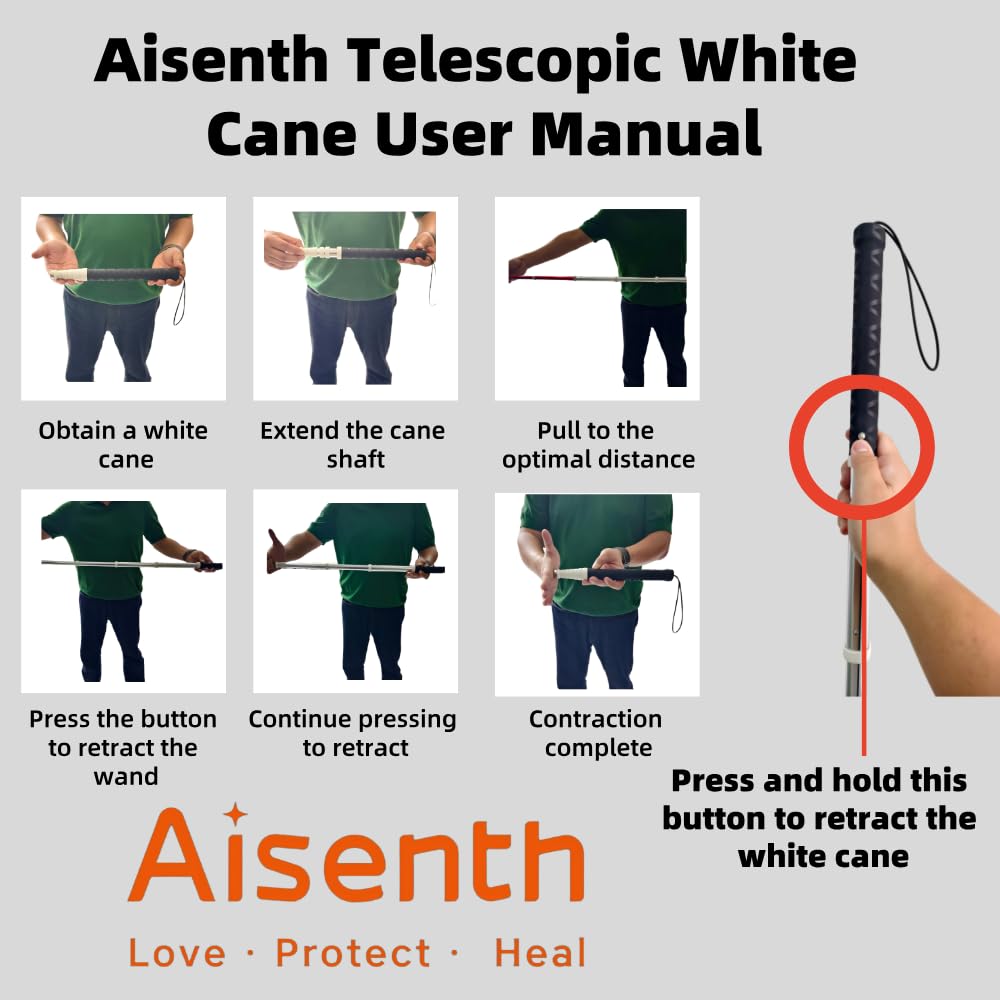 Aisenth Telescopic Retractable White Cane for Blind-Foldable Mobility Stick with Wrist Strap&Storage Pouch,Non-Slip Sweat-Absorbent Handle,Fixed Alloy Tip|Lightweight Portable Blind Walking Cane Stick