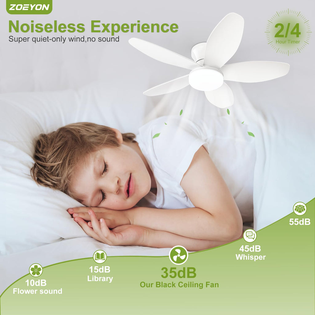 ZOEYON Small Ceiling Fan with Light - 35 Inch Flush Mount Ceiling Fan with Lights and Remote, Low Profile Ceiling Fans with 5 Reversible Blades, 6 Wind Speeds, White Ceiling Fans for Bedroom
