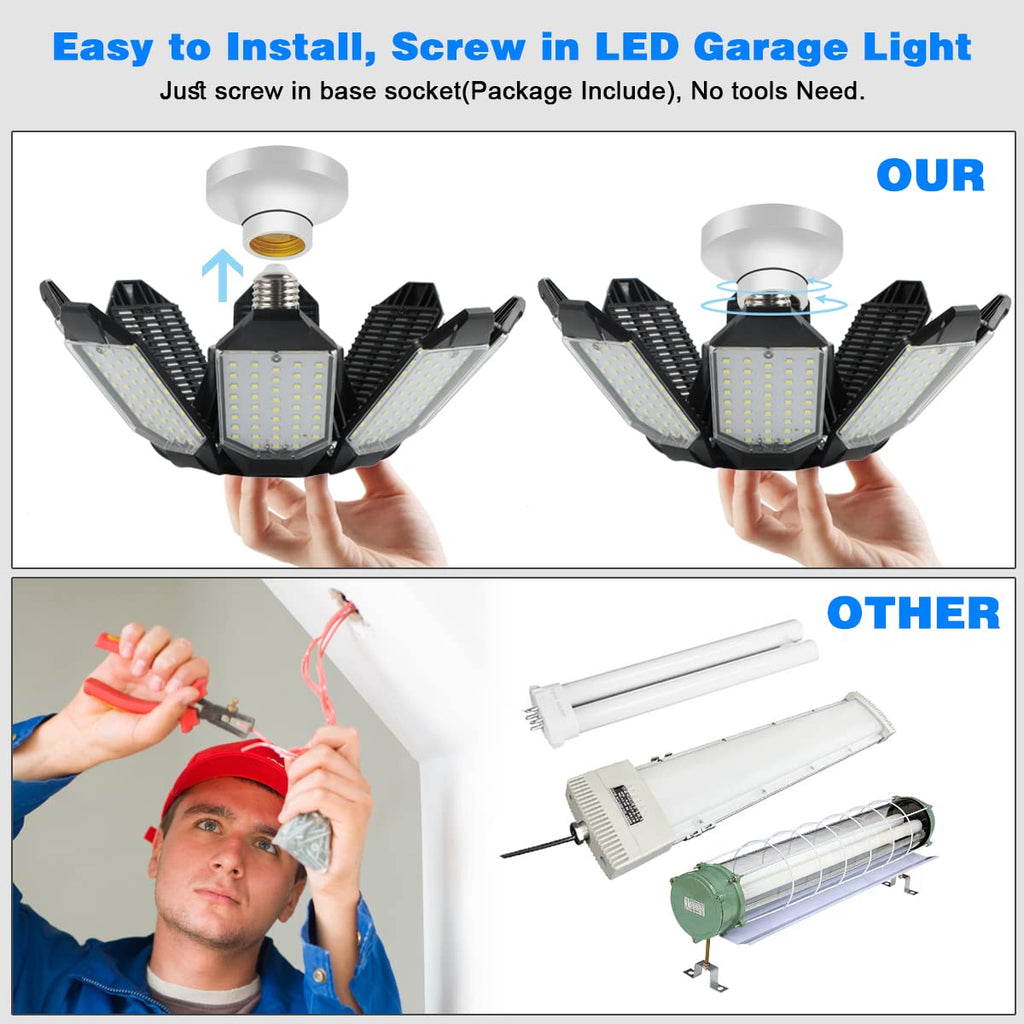POLARPRA Led Garage Light - 20000LM Super Bright 6500K Garage Lights Ceiling Led w/ 8 Adjustable Panels Garage Shop Light Compatible for E26/E27 Socket Applicable for Workshop Barn Warehouse Attic