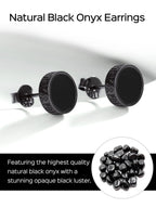 ChicSilver 925 Sterling Silver Earrings for Men, Hypoallergenic 8MM Viking Rune Men's Earring, Natural Black Onyx Mens Stud, Fathers Day Christmas Jewelry